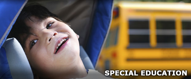 A child in front of a school bus, used to represent the Special Education Department